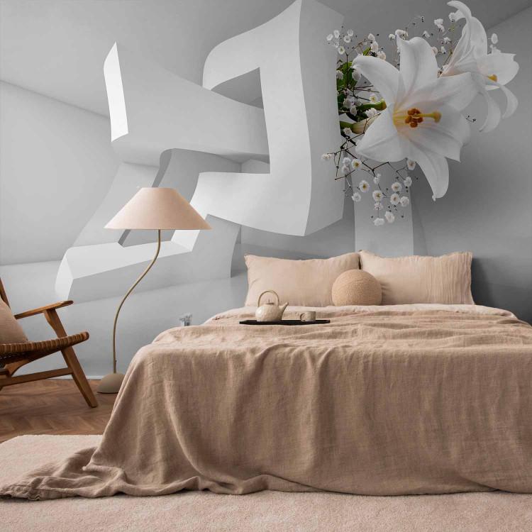 Wall Mural Abstract geometric illusion - lily flowers in a white space