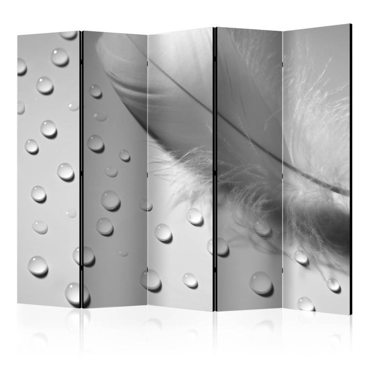 Room Divider White Feather II - romantic feather and water drops in gray motif