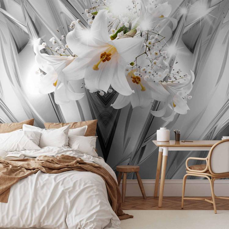 Wall Mural Floral modern composition - lilies among grey waves with sparkle