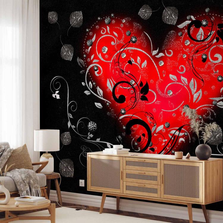 Wall Mural Abstraction with heart - red heart with ornaments on black background