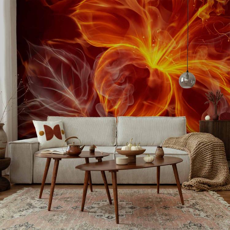Wall Mural Fiery abstraction - a lily flower formed from fire on a purple background