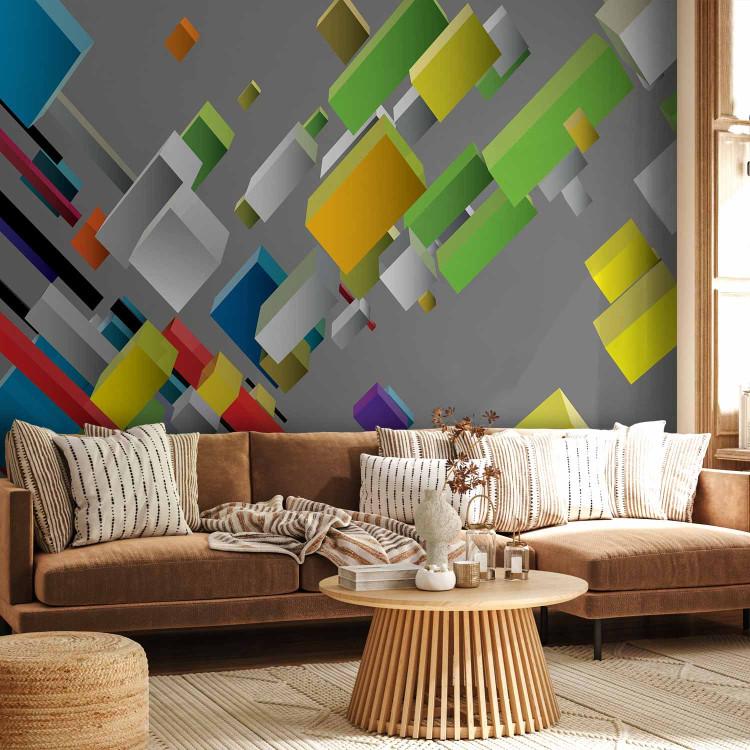 Wall Mural 3D puzzle - colourful geometric abstraction in grey space