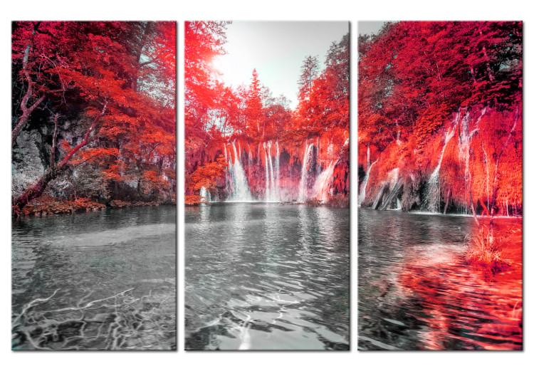 Canvas Print Ruby Forest Waterfalls - Waterfall Landscape with Red Forest Background