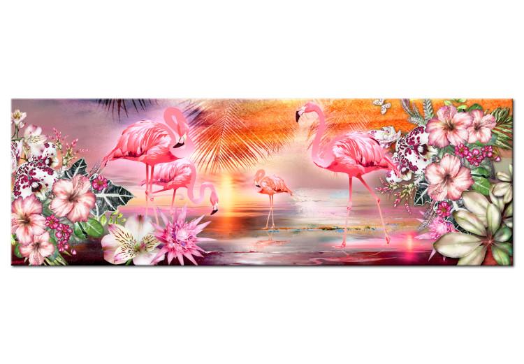 Canvas Print Land of Flamingos - Pink Birds on Background of Romantic Sunset
