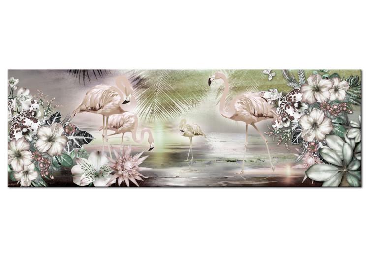 Canvas Print Flamingos and Flowers - Birds on Sea Background with Elements of Various Flowers