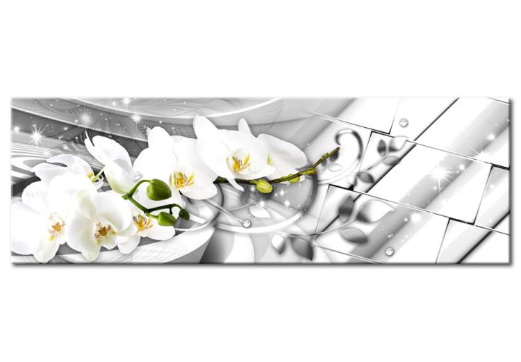 Canvas Print Curly Orchids - White Flowers on Gray Background with Shiny Squares