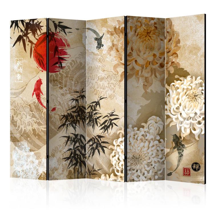 Room Divider Fish Dance II - beige texture with oriental motif of fish and flowers