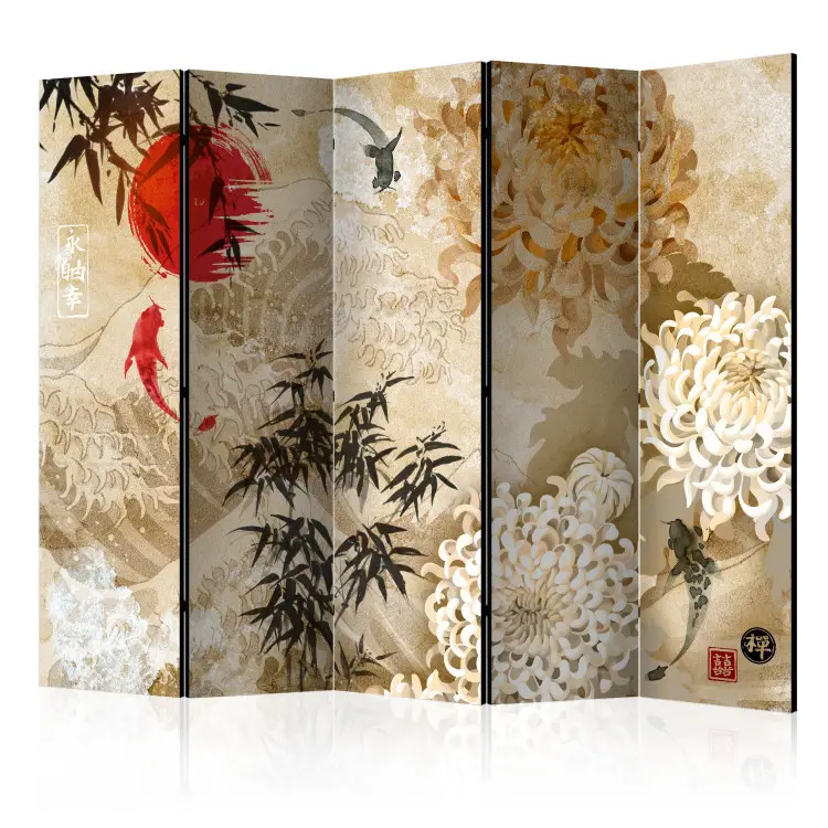 Fish Dance II - beige texture with oriental motif of fish and flowers