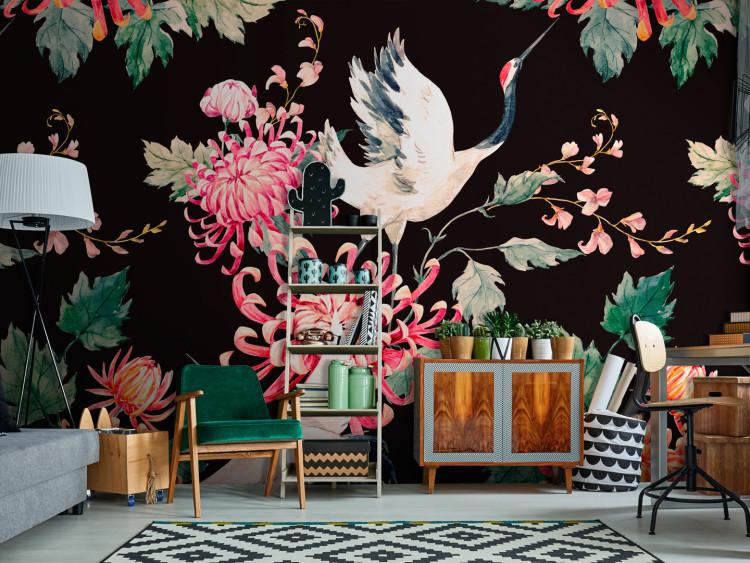 Wall Mural Land of freedom - birds and colourful flowers motif on a black background