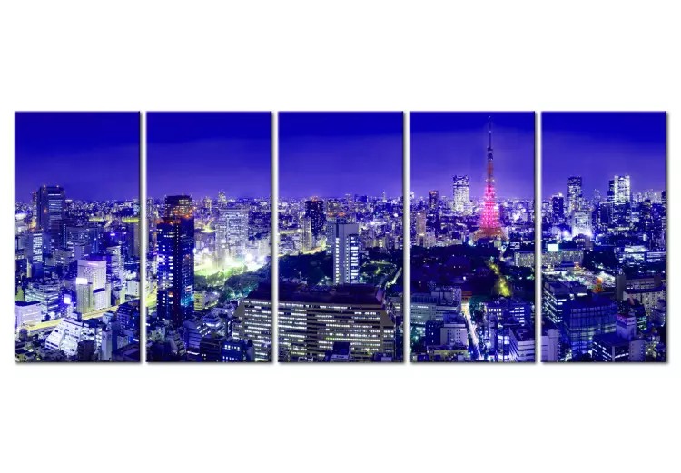Canvas Print City of Lights (5-piece) - Tokyo's High-Rise Buildings Under Night Cover