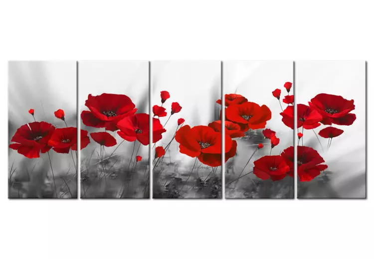 Canvas Print Scarlet Poppies (5-piece) - Romantic Flowers with Bold Coloring