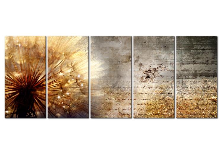 Canvas Print Golden Dandelion (5-piece) - Composition with Inscriptions on Concrete