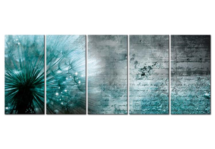 Canvas Print Icy Dandelion (5-piece) - Turquoise Flower with Etched Inscriptions