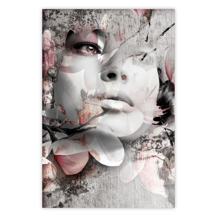Poster Thoughtful Woman - abstraction with a woman's face and pink flowers 115200