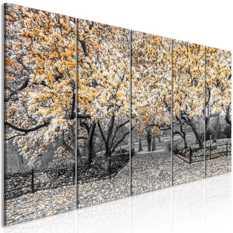 Canvas Print Blooming magnolia trees - black and white photo with yellow accents 123100 additionalImage 2