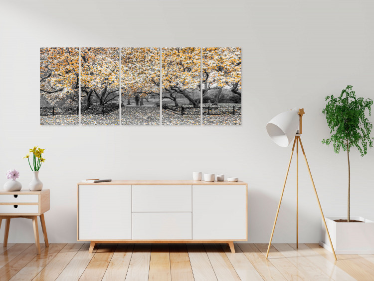 Canvas Print Blooming magnolia trees - black and white photo with yellow accents 123100 additionalImage 3