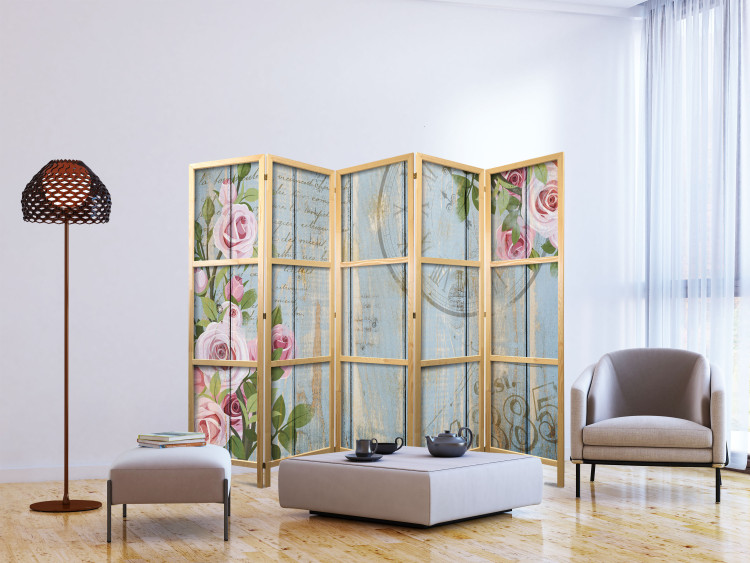 Room Divider Vintage Garden II - pink flowers on a background of wooden boards with inscriptions 134000 additionalImage 6