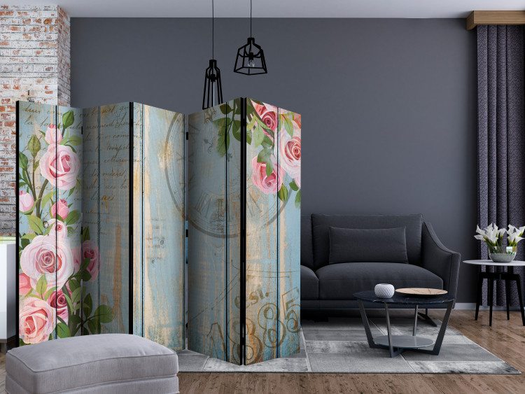 Room Divider Vintage Garden II - pink flowers on a background of wooden boards with inscriptions 134000 additionalImage 4