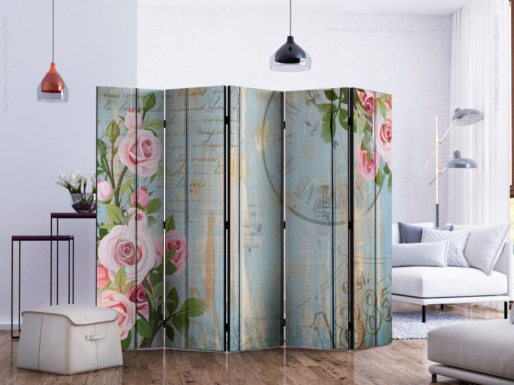 Room Divider Vintage Garden II - pink flowers on a background of wooden boards with inscriptions 134000 additionalImage 2