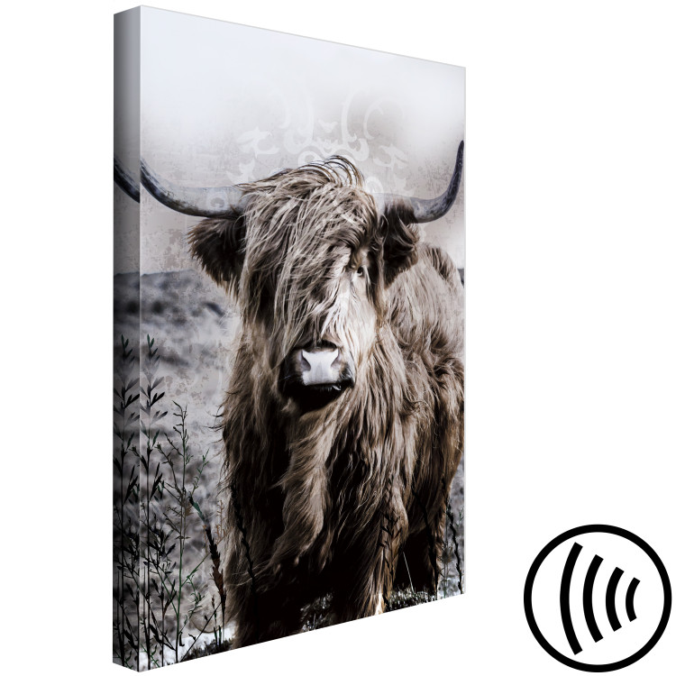 Canvas Art Print Highland Cow in Sepia - wild animal with long hair on a light background 134700 additionalImage 6