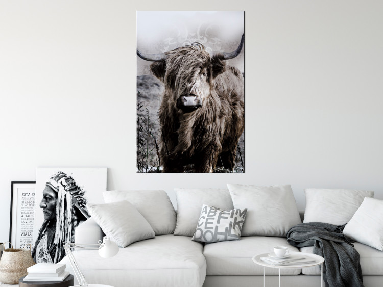 Canvas Art Print Highland Cow in Sepia - wild animal with long hair on a light background 134700 additionalImage 3