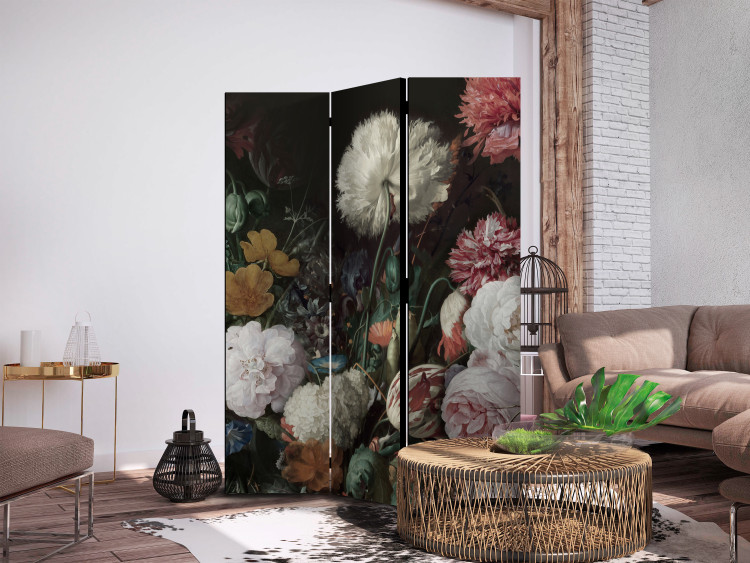 Room Separator Eternal Flowers (3-piece) - colorful blooming plants on a black background 136100 additionalImage 2