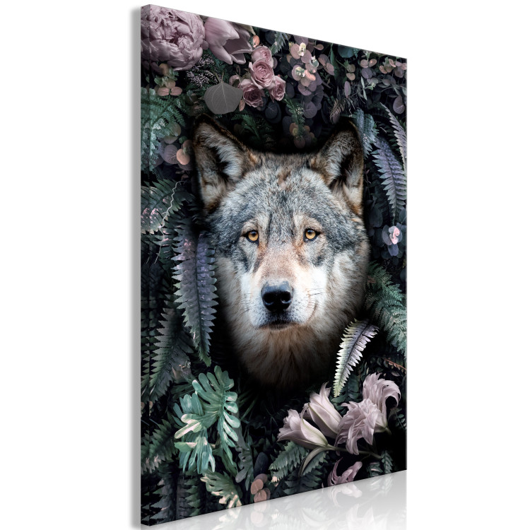 Canvas Print Wolf in Flowers (1-piece) Vertical - nocturnal animal amidst leaves 138600 additionalImage 2
