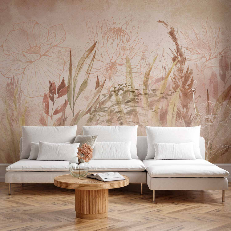 Photo Wallpaper Boho style garden - airy flowers plants and grasses in beige lineart 144700