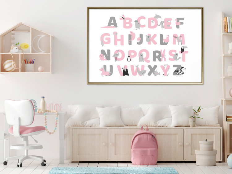 Wall Poster English Alphabet for Children - Gray and Pink Letters with Animals 146500 additionalImage 12