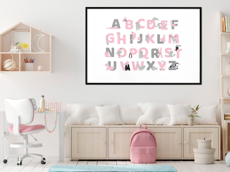 Wall Poster English Alphabet for Children - Gray and Pink Letters with Animals 146500 additionalImage 13