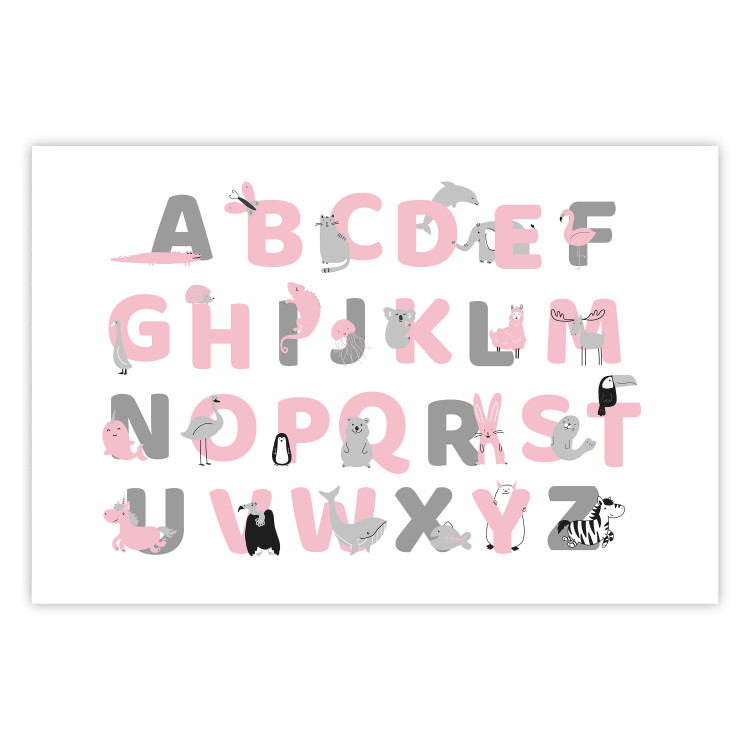 Wall Poster English Alphabet for Children - Gray and Pink Letters with Animals 146500