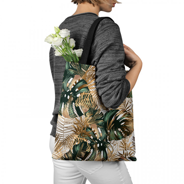 Shopping Bag Contrasting leaves - plant motif in shades of green and gold 147700 additionalImage 3