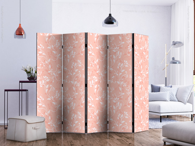 Room Divider Screen Coral Arabesque II - white flower ornaments on an orange background 123010 additionalImage 2