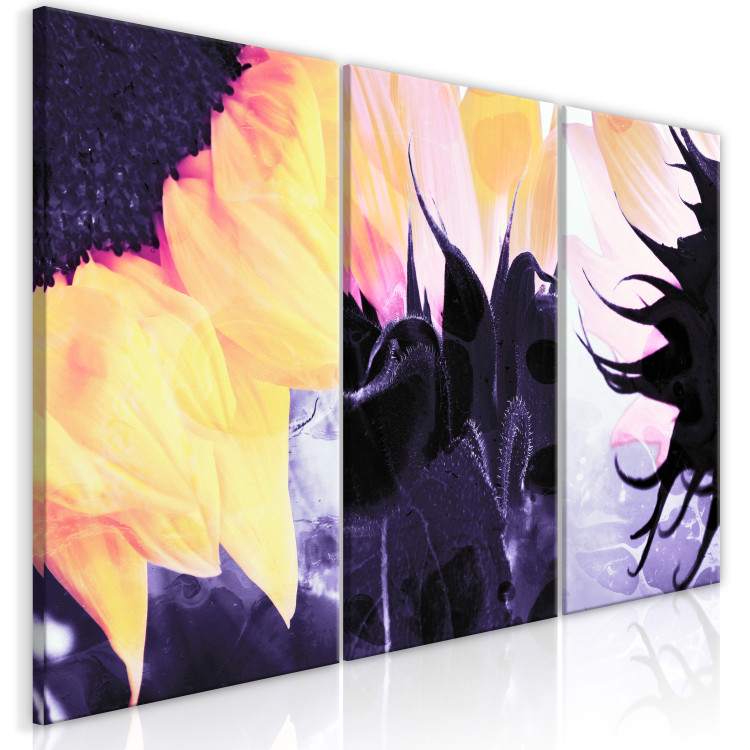 Canvas Art Print Triptych with sunflowers - fragments of flowers on purple background 124410 additionalImage 2