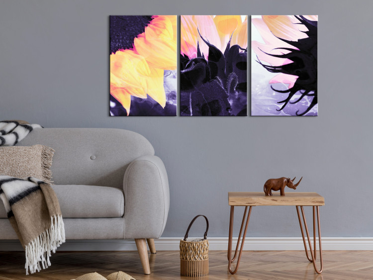 Canvas Art Print Triptych with sunflowers - fragments of flowers on purple background 124410 additionalImage 3