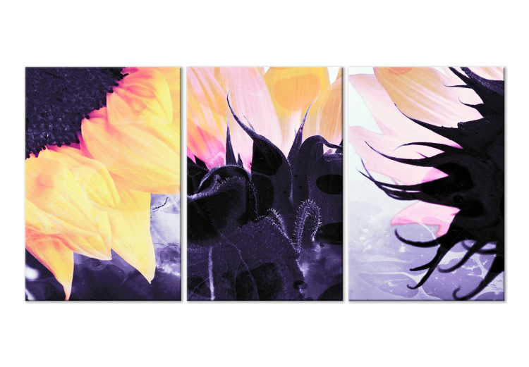 Canvas Art Print Triptych with sunflowers - fragments of flowers on purple background 124410