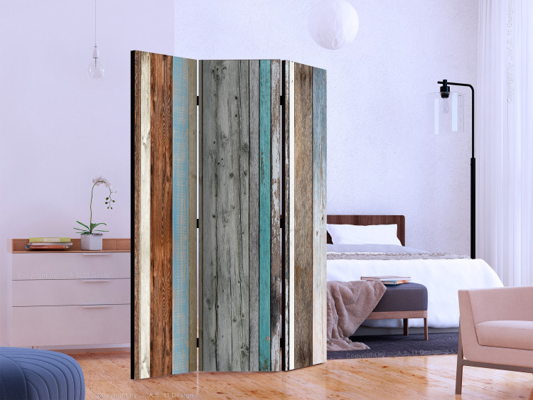Folding Screen Arranged Colors (3-piece) - composition in colorful wooden planks 133010 additionalImage 2