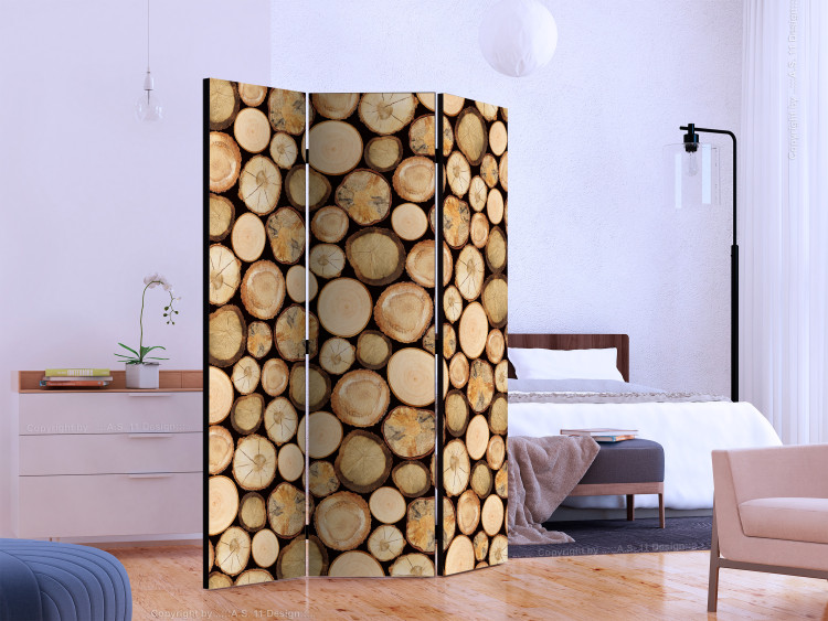 Room Divider Screen In the Sawmill (3-piece) - brown composition full of wood layers 133210 additionalImage 2