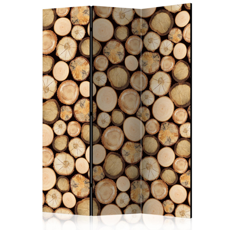 Room Divider Screen In the Sawmill (3-piece) - brown composition full of wood layers 133210