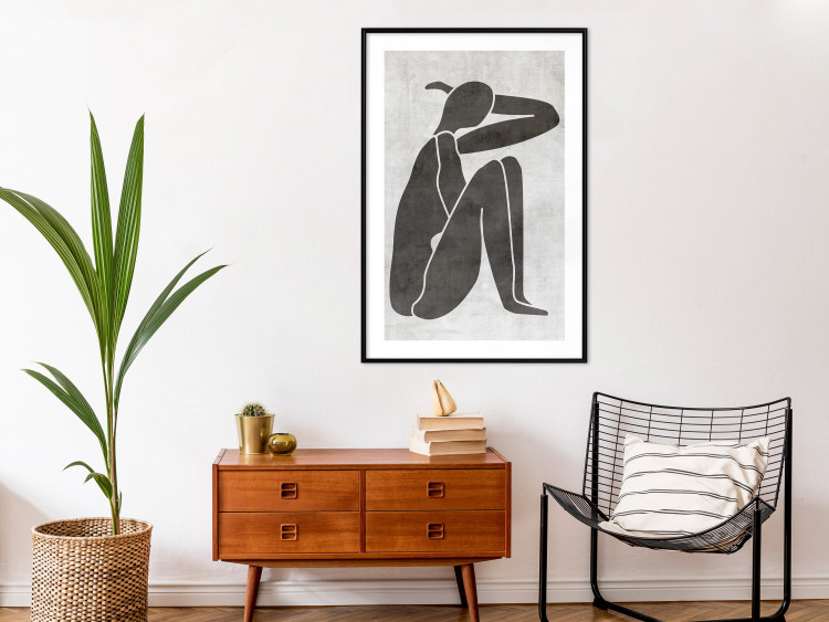 Wall Poster Contemplative Amelia - black silhouette of a crouching woman on a gray background 134210 additionalImage 23