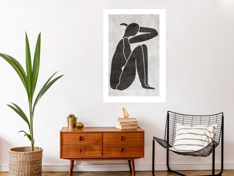 Wall Poster Contemplative Amelia - black silhouette of a crouching woman on a gray background 134210 additionalImage 3