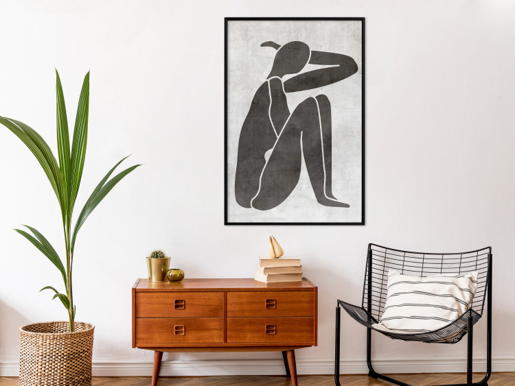 Wall Poster Contemplative Amelia - black silhouette of a crouching woman on a gray background 134210 additionalImage 4