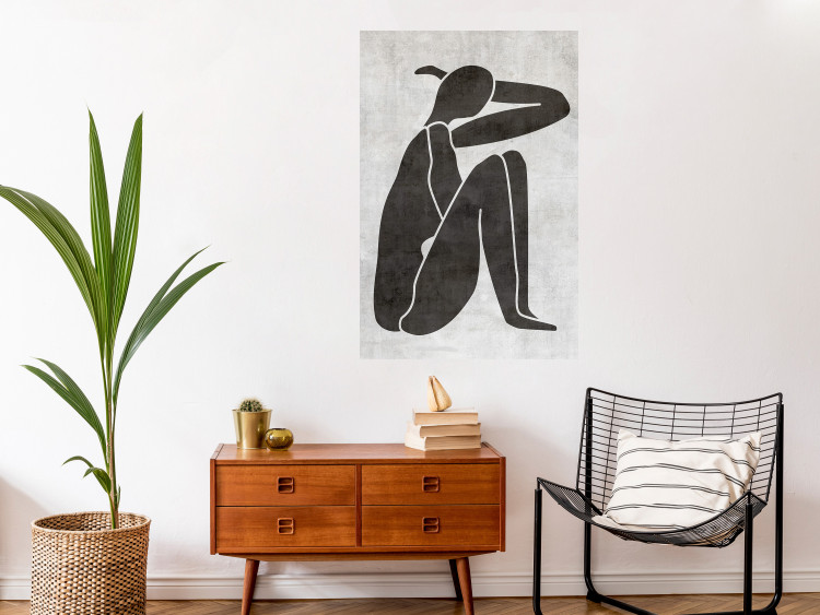Wall Poster Contemplative Amelia - black silhouette of a crouching woman on a gray background 134210 additionalImage 2