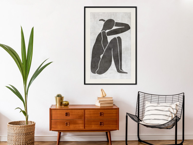 Wall Poster Contemplative Amelia - black silhouette of a crouching woman on a gray background 134210 additionalImage 24