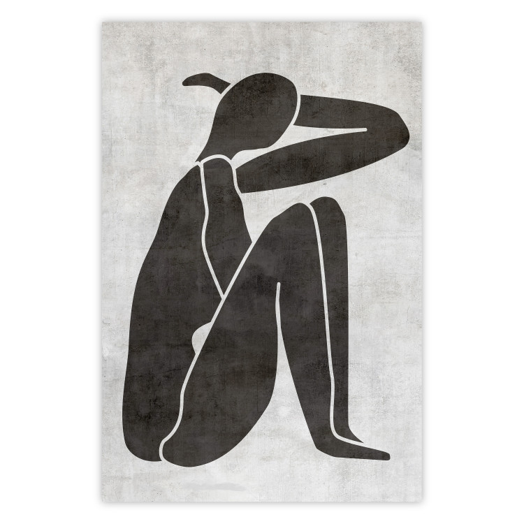 Wall Poster Contemplative Amelia - black silhouette of a crouching woman on a gray background 134210