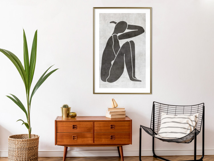 Wall Poster Contemplative Amelia - black silhouette of a crouching woman on a gray background 134210 additionalImage 15