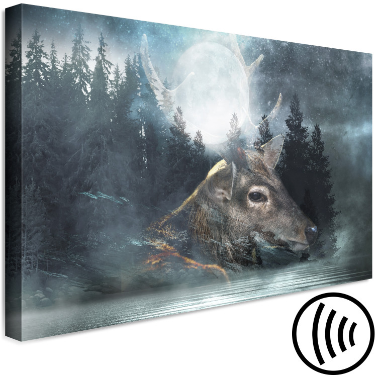 Canvas Art Print Rising Moon (1-piece) wide - deer and Luna against forest backdrop 138510 additionalImage 6