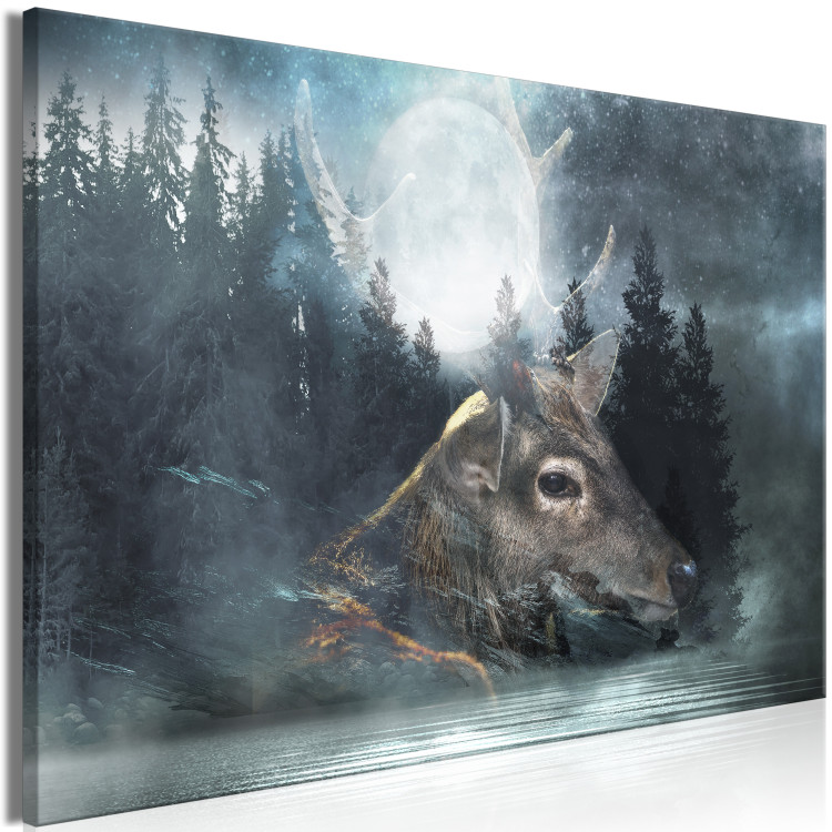 Canvas Art Print Rising Moon (1-piece) wide - deer and Luna against forest backdrop 138510 additionalImage 2