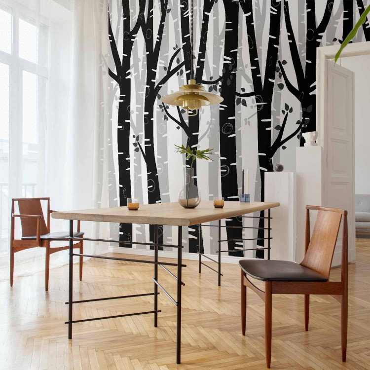 Wall Mural Birch forest - landscape of grey and white trees in a forest with grey leaves 145110 additionalImage 7
