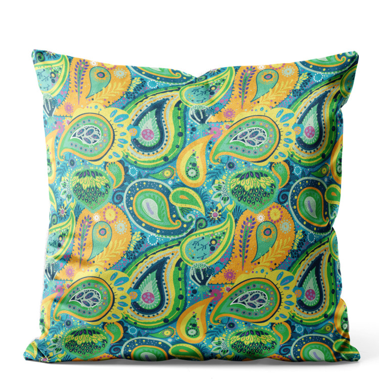 Decorative Velor Pillow Green and orange teardrops - composition with abstract motif 147310
